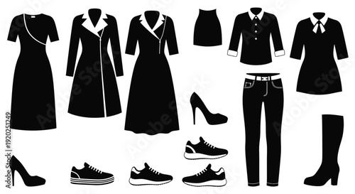 Black and white silhouettes of various clothing items and footwear