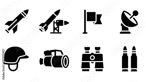 Collection of military and defense icons including missiles, helmet, binoculars, and radar