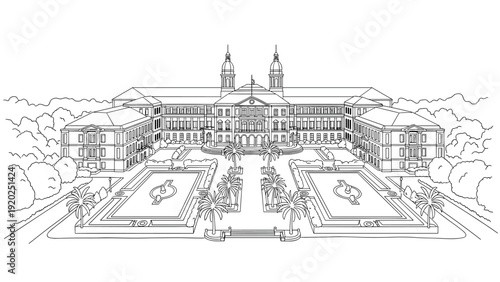Elegant colonial building with manicured gardens and palm trees, line art illustration