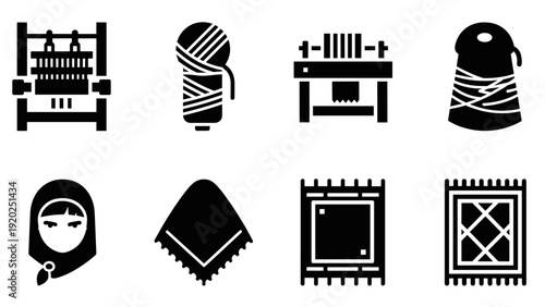 Collection of textile craft icons including looms, yarn, and woven rugs