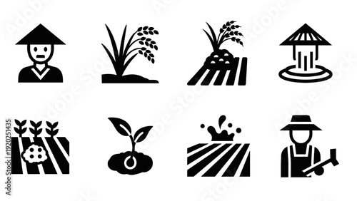 Collection of agricultural icons depicting farming activities and crops