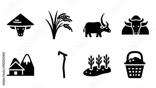 Collection of agricultural icons representing rural life, farming, and livestock