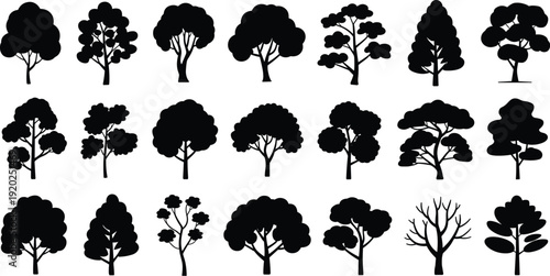 Various tree silhouettes collection vector illustration, detailed forest and garden trees isolated on white background for landscape projects