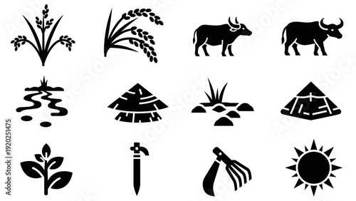 Collection of agricultural icons representing rice cultivation, farming tools, and natural elements