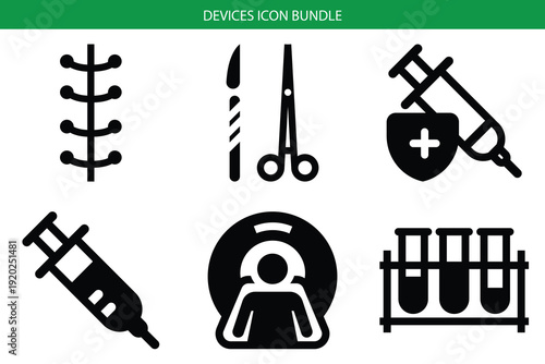 Medical devices icon bundle featuring various medical equipment and tools for healthcare professionals Vector, illustration