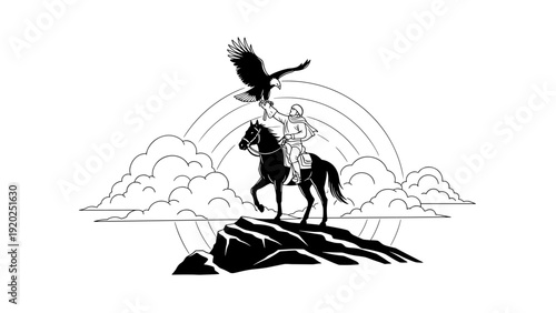 Man on horseback with eagle on hand, standing on a cliff with clouds and rainbow behind