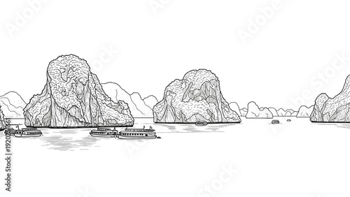 Scenic limestone karsts and tourist boats in Ha Long Bay, Vietnam, black and white illustration