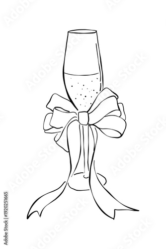 Whimsical doodle drink sketch hand drawn line art. Wedding party champagne glass with bow. Coquette celebrate vector illustration isolated on white background