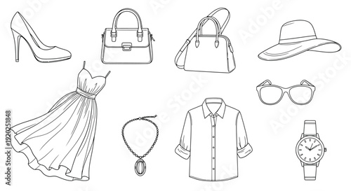Fashion accessories and clothing items in a simple line art style