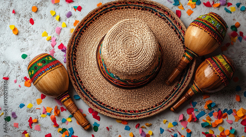 Colorful sombrero hats maracas mexican food on textured surface covered with vibrant celebration confetti
