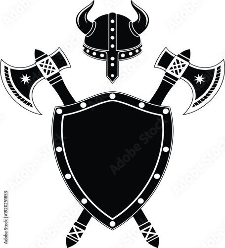 Viking shield with crossed axes and horned helmet, medieval nordic warrior weapon set, ancient barbarian gear