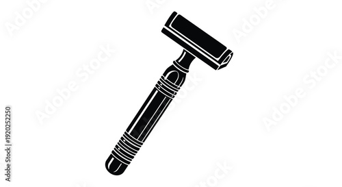 A black and white illustration of a classic safety razor on white