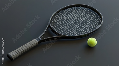 Tennis Essentials: A sleek black tennis racket lies beside a vibrant green tennis ball, set against a dark backdrop, perfect for sports and leisure themes.