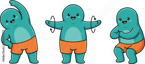 Cute cartoon character performing different warm-up exercises, including side stretching, arm rotation, and squatting.