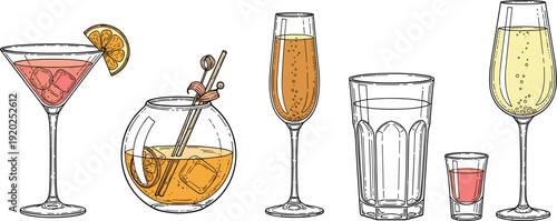 Professional vector illustration set featuring elegant glassware including martini, champagne flute, fishbowl, and shot glasses for luxury bar branding
