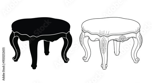 Two ornate footstools one solid black one a detailed line drawing