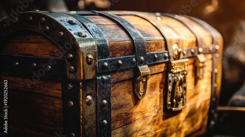 Ancient Treasure: A close-up view of an aged wooden chest, adorned with intricate metal bands and a robust lock, exuding an aura of mystery and historical significance.