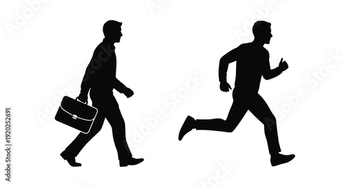 Silhouettes of two men one walking and the other running forward