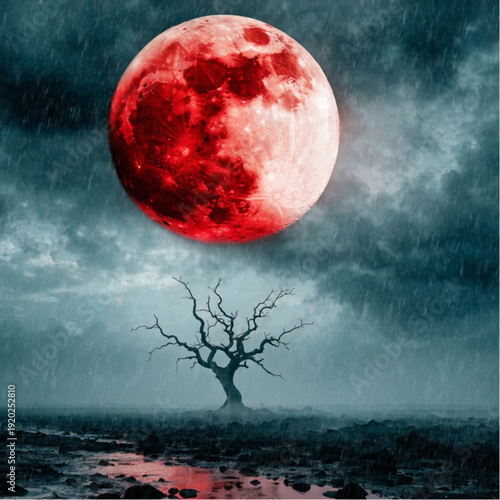 Crimson Blood Moon Above Lonely Tree Horizon