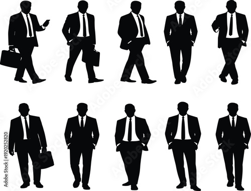 Professional businessman silhouette set, male corporate employees walking, successful office manager characters, executive leadership and entrepreneurship concept