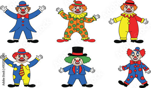 Funny clown set with circus performers in colorful costumes, hats and polka dot jumpsuits isolated on white background.