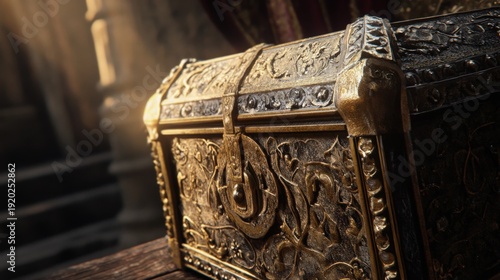 Antique Treasure Chest: An antique chest, exquisitely crafted with intricate details and adorned with golden accents, sits in a dimly lit, evoking a sense of history, mystery, and untold riches.
