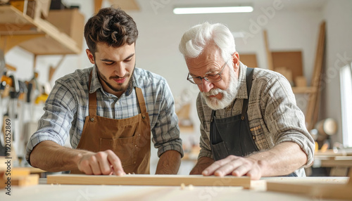 Due falegnami, padre e figlio,  lavorano insieme un pezzo di legno in un laboratorio. Generative AI