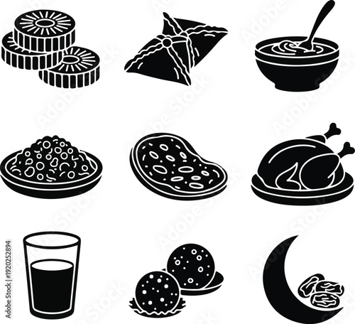 Traditional Islamic Iftar Food and Ramadan Snacks Icon Collection