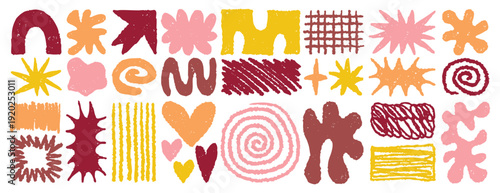 Pink red girl set abstract organic shapes, ornate, cute flowing, grunge style, freehand textured shapes and doodles. brush, spirals aerial shapes, grid stars, heart. textured messy brush strokes of