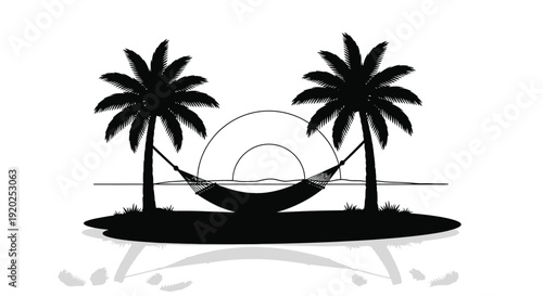 Black silhouette of two palm trees with a hammock and sunset