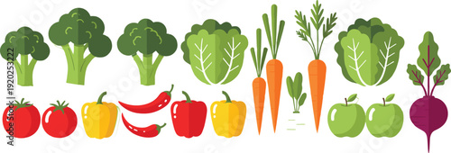 Professional flat vector illustration set featuring fresh organic vegetables and fruits like broccoli, carrots, tomatoes, peppers, and beets for healthy lifestyle branding