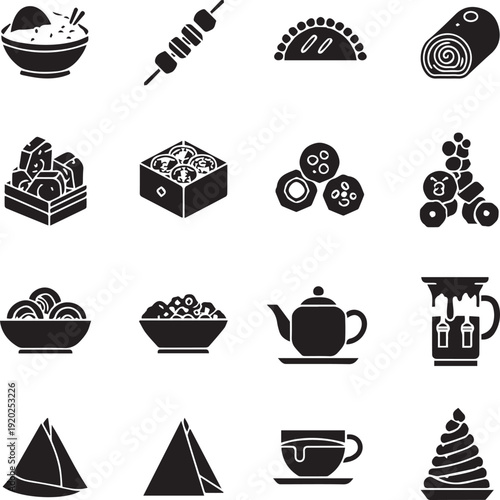 Islamic Halal Food and Ramadan Iftar Snacks Icons Set