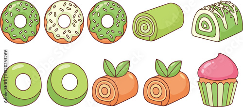 Green and orange dessert set with glazed donuts, swiss rolls, kiwi slices and a pink cupcake isolated on white background.