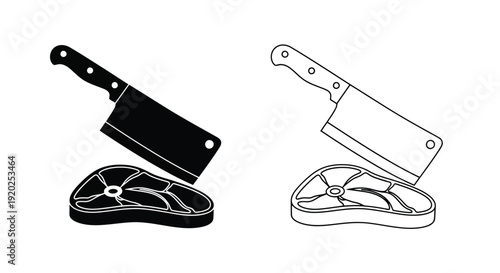 Black and white illustration of a cleaver steak and butcher knife