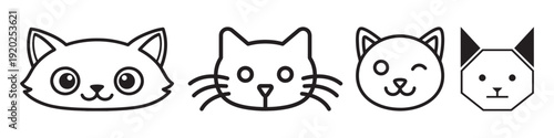 Set of four stylized feline face illustrations ranging from adorable big-eyed kittens to modern geometric shapes for creative web projects.