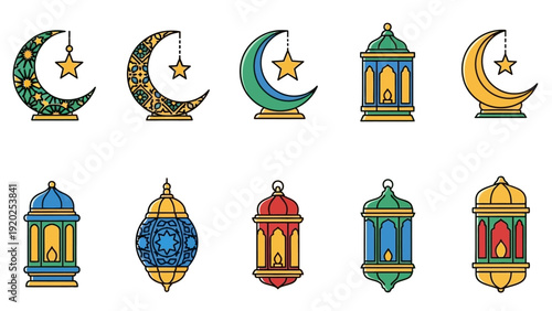 An elegant vector collection of festive crescent moons and traditional Arabic lanterns, perfect for enhancing Ramadan and Eid Mubarak celebration designs with cultural charm