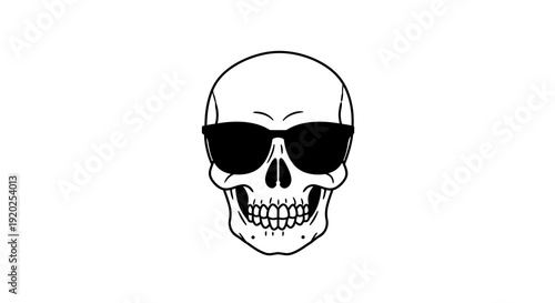 A stylish human skull wearing cool black sunglasses, presented in a minimalist line art illustration against a clean white background, conveying a trendy and edgy aesthetic