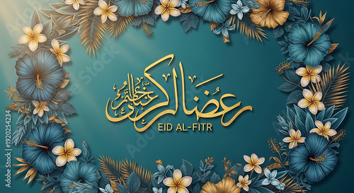 Elegant Eid al-Fitr greeting card featuring beautiful floral border and Arabic calligraphy wishing peace and celebration
