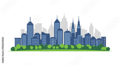 Stylized cityscape illustration featuring modern buildings and green trees