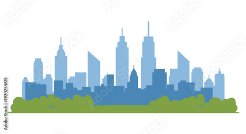A simplified illustration of a city skyline with trees in the foreground