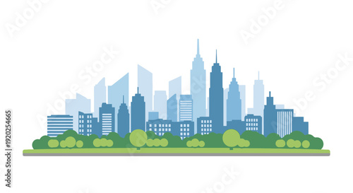 Stylized cityscape illustration with green trees in the foreground
