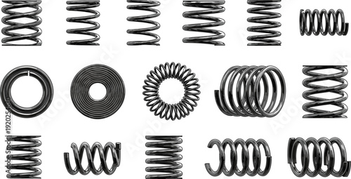 Professional vector illustration set of various industrial metal springs, tension coils, and mechanical hardware components for engineering design