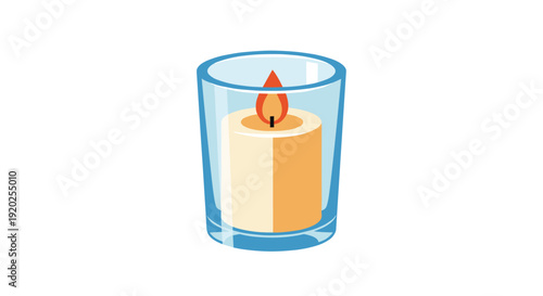 A cozy illustration of a lit candle glowing brightly within a small, clear glass container, symbolizing warmth, peaceful ambiance, and comforting light.