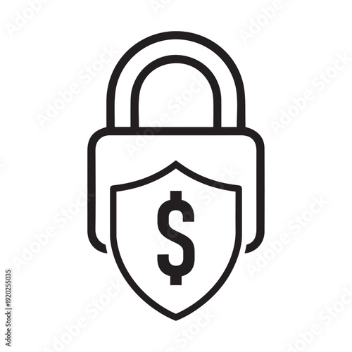 A minimalist black and white line vector icon featuring a padlock and a shield with a dollar sign symbol inside.