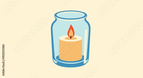 A charming illustration of a lit candle encased in a clear glass jar, providing a warm glow and symbolizing homely comfort, safety, and a gentle light.
