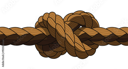 A detailed and robust illustration of a strong knot tied in a thick brown rope, symbolizing strength, security, complex connections, and reliable bonds.