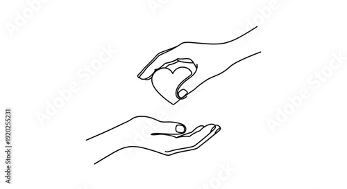 Hands offering a heart with a continuous line minimalist silhouette