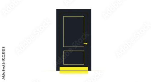 A sleek minimalist illustration of a closed black door with striking yellow trim and a luminous yellow threshold, symbolizing entry, opportunity, and new pathways.