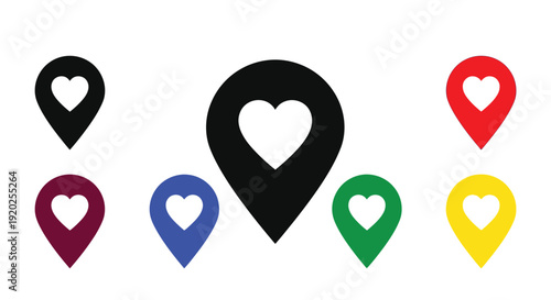 Colorful location pins with heart shapes a minimalist silhouette