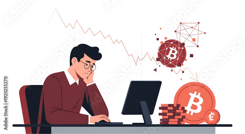 Investor facing cryptocurrency market downturn stress financial anxiety digital asset price drop concerns
